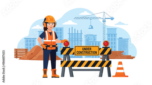 Flat vector illustration of a construction worker standing next to an under construction barrier sign at a building site, ideal for construction safety communication, roadwork warnings, infrastructure
