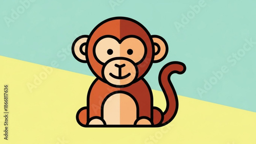 A cute cartoon monkey sits on a yellow surface with a green background in a colorful vector illustration design
