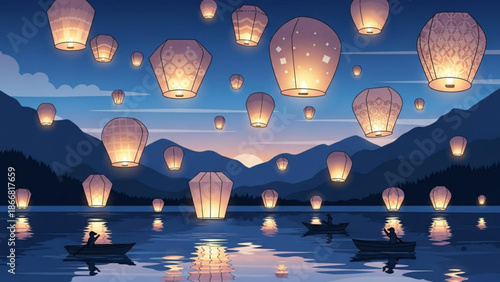 A serene and peaceful vector graphic illustration of glowing lanterns floating above a calm lake at dusk