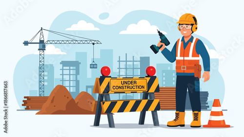 Flat vector illustration of a construction worker standing next to an under construction barrier sign at a building site, ideal for construction safety communication, roadwork warnings, infrastructure