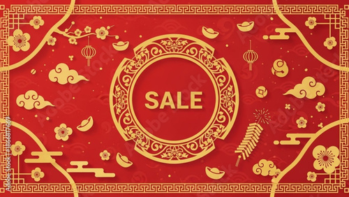 A vibrant red and gold vector graphic illustration of a sale sign with intricate designs and Chinese-inspired elements
