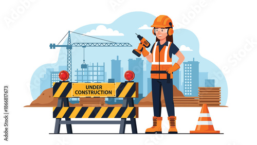 Flat vector illustration of a construction worker standing next to an under construction barrier sign at a building site, ideal for construction safety communication, roadwork warnings, infrastructure