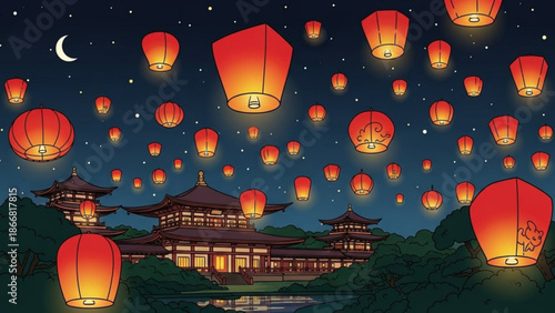 A serene vector illustration of red lanterns floating above a traditional Asian temple at night