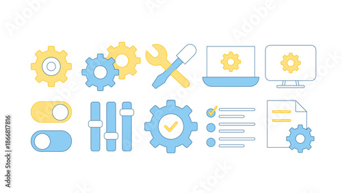 A collection of user interface icons for system preferences, technical adjustments, and configuration settings in a clean flat style