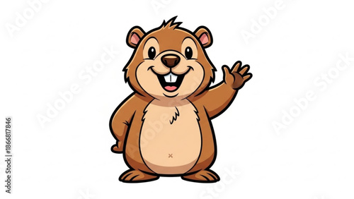 A cheerful cartoon beaver waving with a friendly smile on a white background