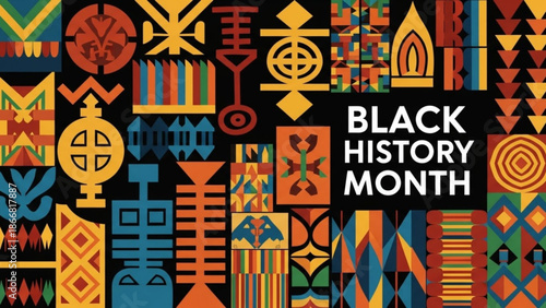A vibrant vector graphic celebrating Black History Month with colorful African patterns and designs