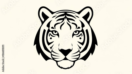 A black and white illustration of a tigers head on a beige background with detailed stripes and whiskers