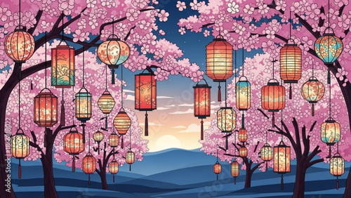 A vibrant vector illustration of cherry blossom trees with colorful lanterns at sunset