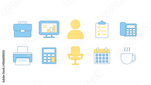 Professional icons featuring common office supplies, communication tools, and workplace elements for corporate environment designs