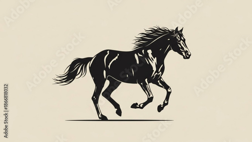 A black horse with a flowing mane and tail is running on a beige background in a dynamic illustration style