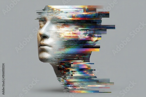 Silver head with colorful glitch effect, gray background, side view. Represents artificial intelligence, technology, or a modern digital concept.
