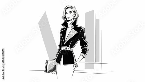 Fashionable woman in stylish jacket holding a clutch bag.