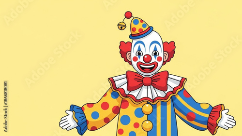 A colorful cartoon clown with a red nose and a big smile on a yellow background
