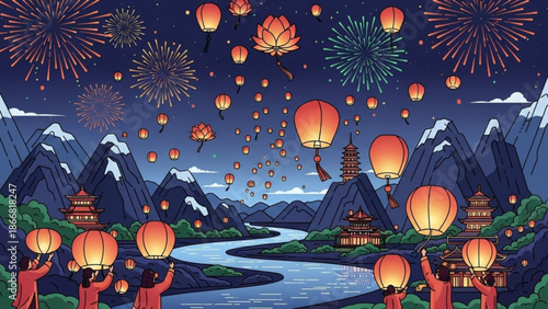 A vibrant illustration of people releasing lanterns and fireworks in a mountainous landscape