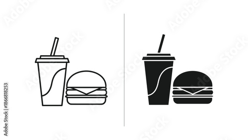 Simple line art illustration of fast food burger and drink