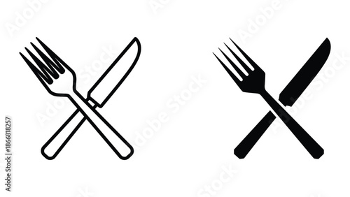 Crossed knife and fork icon set on white background