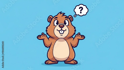 A cartoon bear with a question mark in a thought bubble stands on a blue background with a puzzled expression