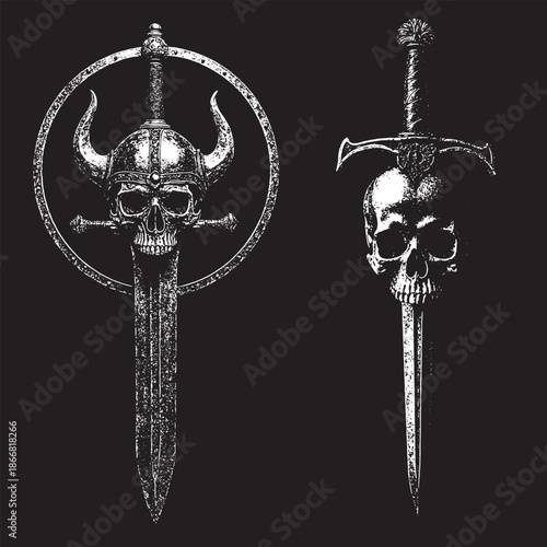 Viking skulls with swords in medieval combat illustration