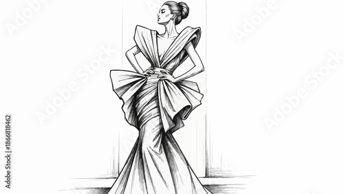 Fashion illustration of a woman in a dramatic gown.