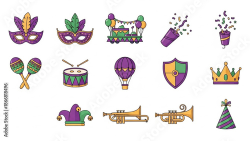 A colorful illustration of Mardi Gras icons and symbols including masks, musical instruments, and party decorations in purple, green, and gold on a white background