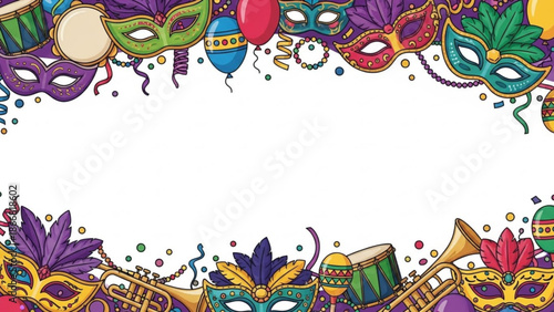 A colorful Mardi Gras border design with masks, musical instruments, and confetti on a white background, perfect for festive invitations and decorations.