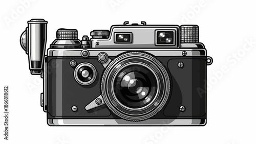 Vintage Film Camera with Flash Attachment Detailed Illustration.