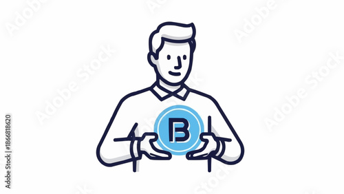 Man holding a glowing blue Bitcoin cryptocurrency coin symbol.