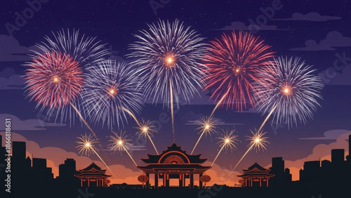 A vibrant vector illustration of fireworks exploding over a city skyline at night