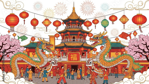 A vibrant illustration of a Chinese temple with dragon dancers and lanterns during a festive celebration