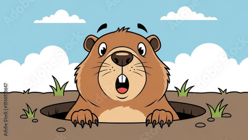 A cartoon groundhog peeking out of a hole in the ground with a surprised expression on a sunny day with clouds in the background