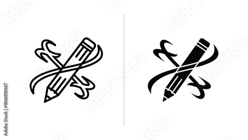 Crossed pencils with ribbon logo design