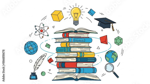 A colorful illustration of a stack of books surrounded by educational icons and symbols