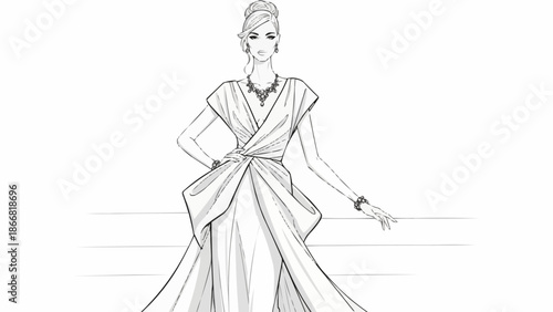 Elegant Fashion Illustration of a Woman in a Flowing Gown.