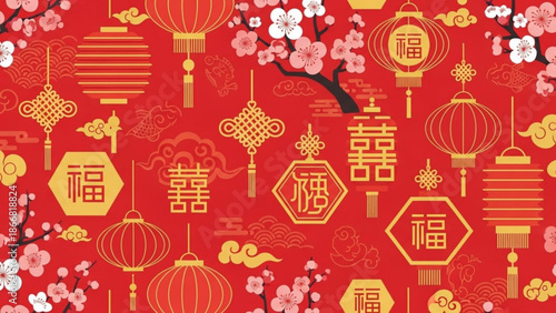 A vibrant vector graphic illustration of Chinese New Year decorations featuring red and gold lanterns, cherry blossoms, and traditional symbols.