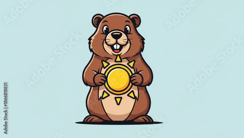 A cartoon bear holding a yellow sun symbol in a playful illustration