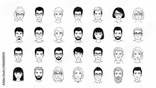 Collection of Diverse Hand Drawn People Portraits.