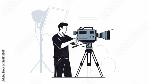 Filmmaker operating professional video camera on tripod for recording.