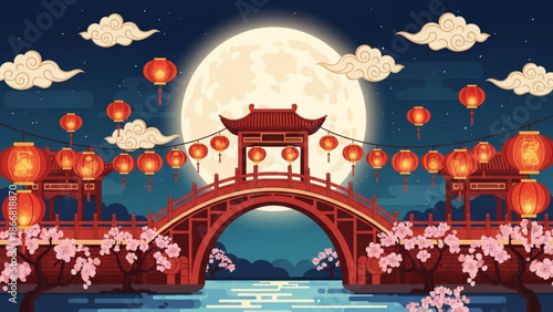 A serene and vibrant vector illustration of a traditional Chinese bridge under a full moon with lanterns and cherry blossoms