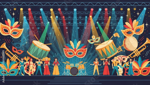 A vibrant vector illustration of a lively stage with musicians, colorful masks, and spotlights, perfect for representing a festive carnival or masquerade party.