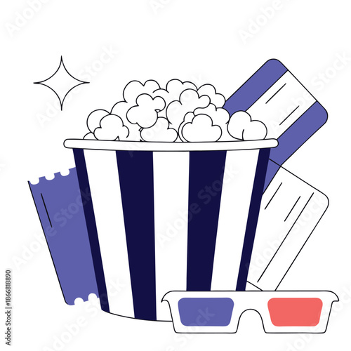 Vector illustration of a striped popcorn bucket filled with popcorn two movie tickets and 3d glasses symbolizing cinema