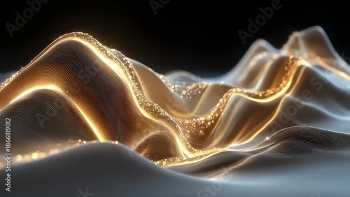 Flowing golden lines and sparkling particles on black background