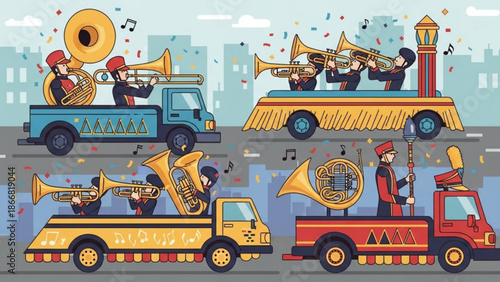 A colorful illustration of a marching band riding on decorated trucks in a parade