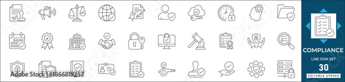 Compliance line icon set featuring AI ethics, regulatory standards, and data privacy symbols. Ideal for corporate governance, legal reports, and web design. Fully editable