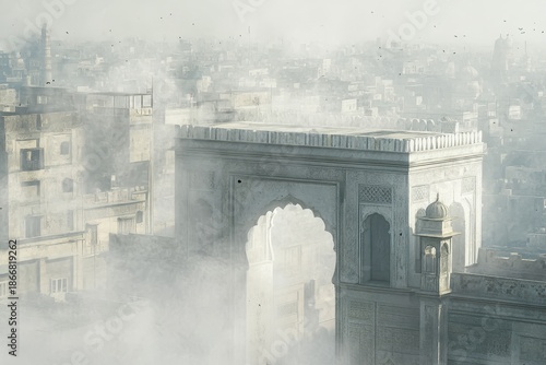 Ornate ancient stone architecture, featuring grand arches, pierces a dense