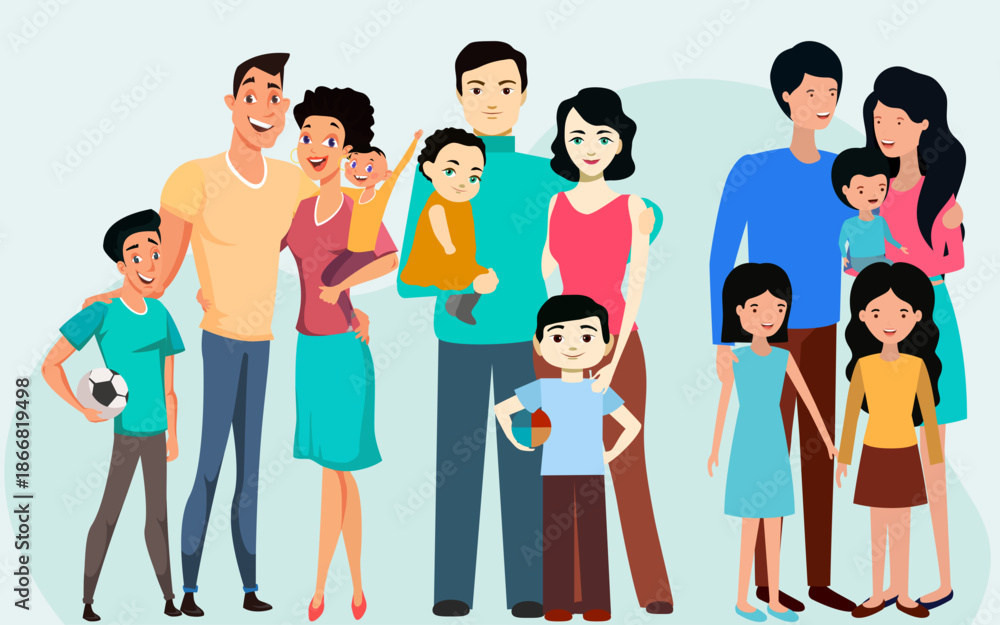 Obraz premium Happy Family Cartoon Color Illustration with Parents and Kids