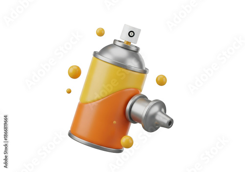 3d icon of a 3d rendered spray paint can with yellow and orange colors, surrounded by small yellow spheres isolated on transparent background