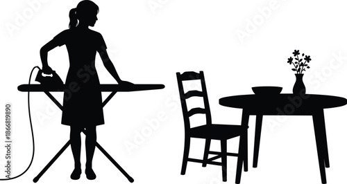 Woman ironing clothes at home, household chores silhouette, domestic work concept, black vector illustration, daily routine scene design, minimalist interior