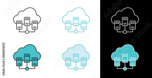 Cloud computing server network icon for data storage and hosting services in line and fill style