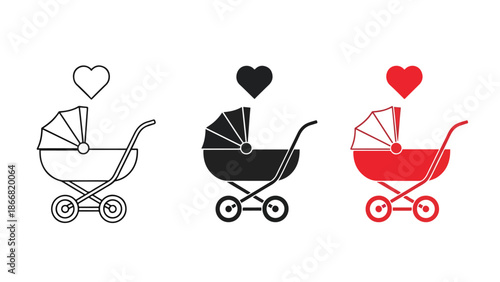 Three baby carriages with hearts - SVG and PNG icons - Vector Icons and Stickers - PNG, SVG, EPS - Glyph and solid icon set - Icon vector - Flat Design Icon - line icon set