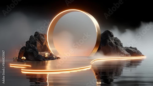 Abstract 3D background with black rocks golden ring and water reflection
